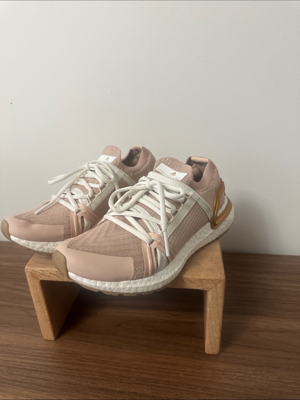 Adidas by Stella McCartney Nude Blush Sneakers with White Laces and Gold Heel